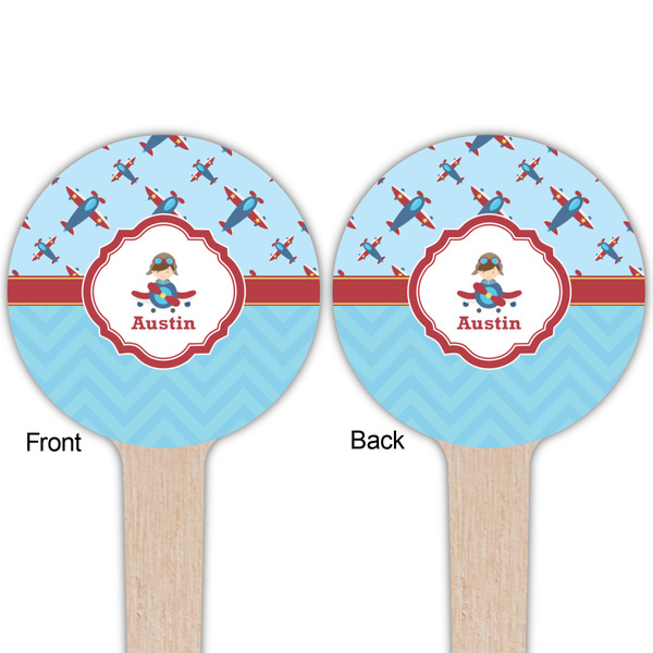Airplane Theme Wooden 4" Food Pick - Round - Double Sided - Front & Back