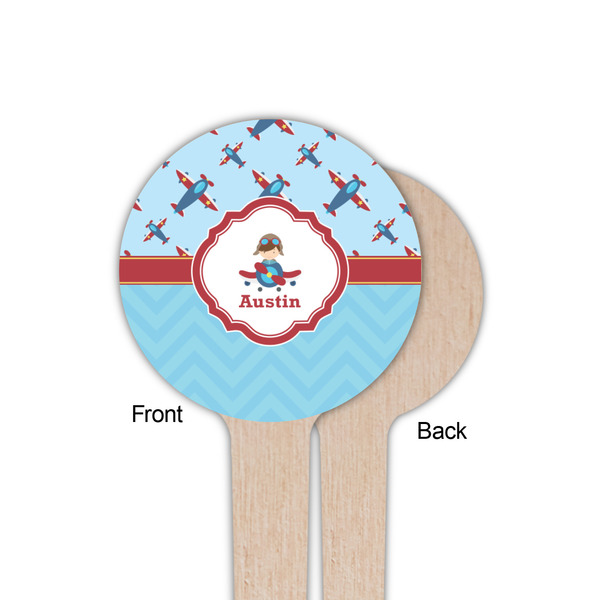 Airplane Theme Wooden 4" Food Pick - Round - Single Sided - Front & Back