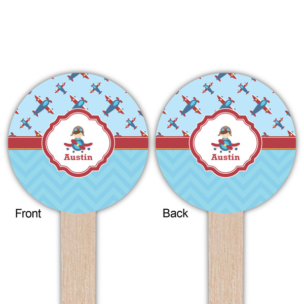 Airplane Theme Wooden 6" Food Pick - Round - Double Sided - Front & Back