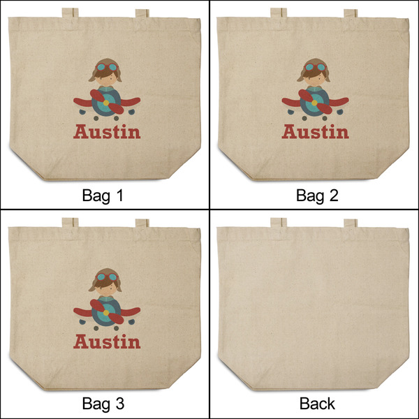 Airplane & Pilot 3 Reusable Cotton Grocery Bags - Front & Back View