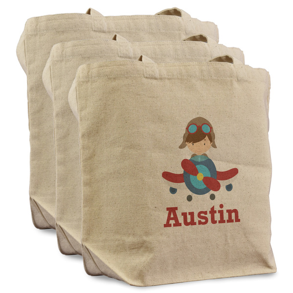 Custom Airplane & Pilot Reusable Cotton Grocery Bags - Set of 3 (Personalized)