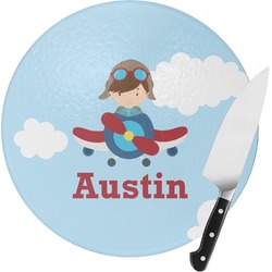 Airplane & Pilot Round Glass Cutting Board - Small (Personalized)
