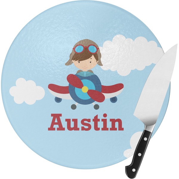 Custom Airplane & Pilot Round Glass Cutting Board - Small (Personalized)