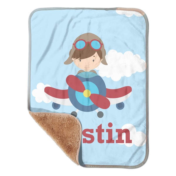 Custom Airplane & Pilot Sherpa Baby Blanket - 30" x 40" w/ Name or Text