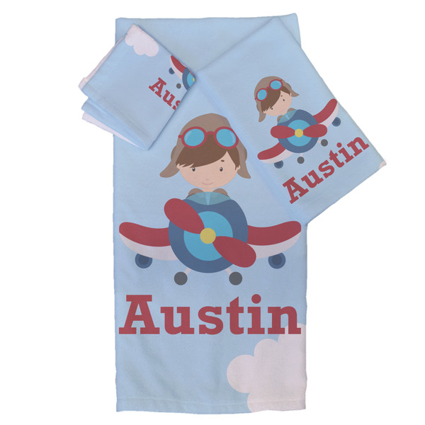 Custom Airplane & Pilot Bath Towel Set - 3 Pcs (Personalized)