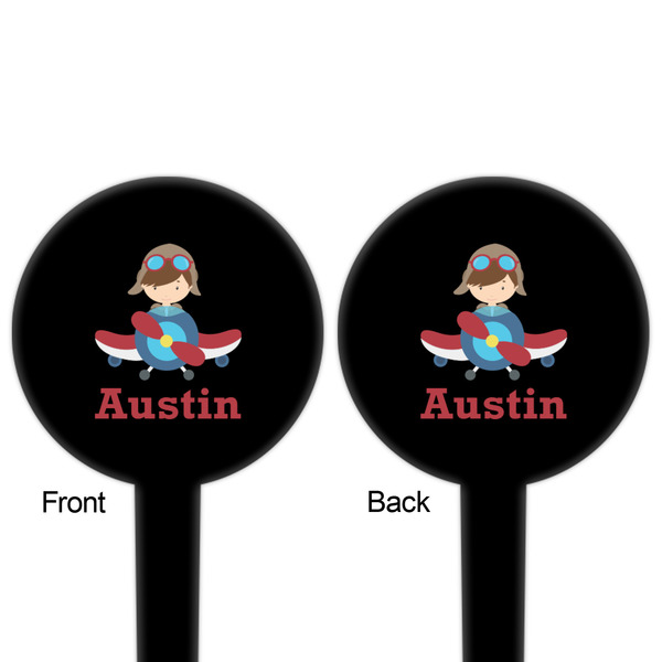 Airplane & Pilot Black Plastic 4" Food Pick - Round - Double Sided - Front & Back