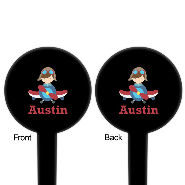 Airplane & Pilot Black Plastic 6" Food Pick - Round - Double Sided - Front & Back