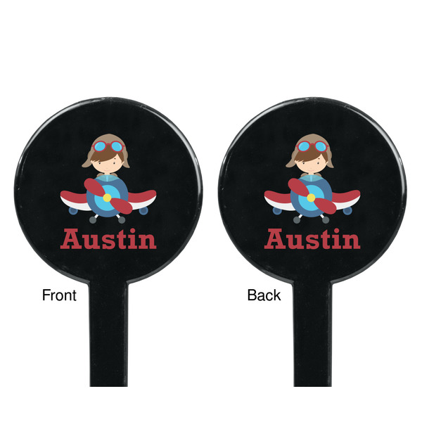 Airplane & Pilot Black Plastic 7" Stir Stick - Double Sided - Round - Front & Back