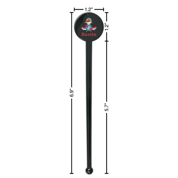 Airplane & Pilot Black Plastic 7" Stir Stick - Round - Dimensions