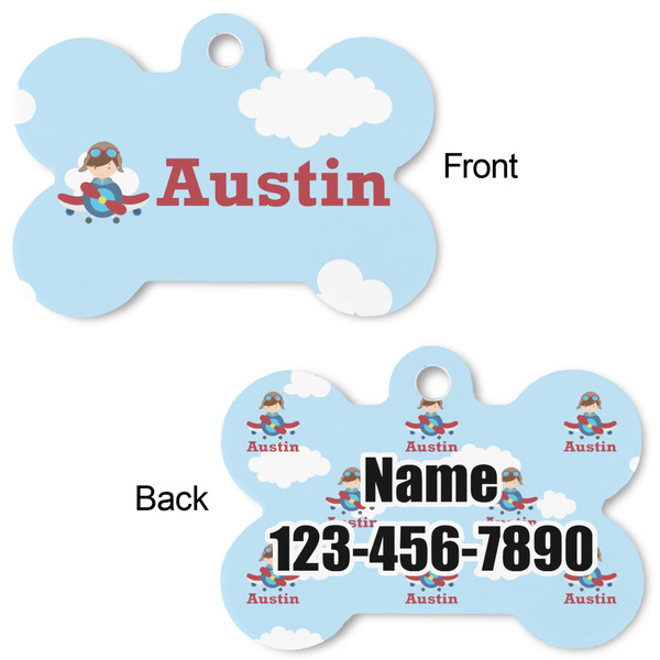 Airplane & Pilot Bone Shaped Dog Tag - Front & Back