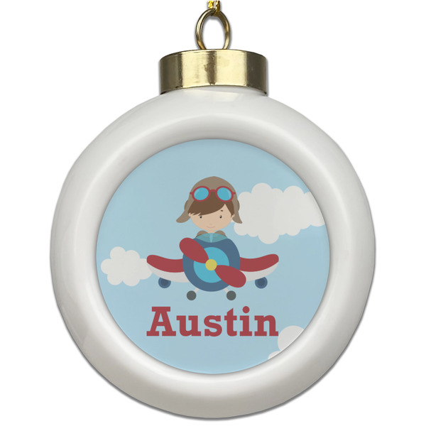 Custom Airplane & Pilot Ceramic Ball Ornament (Personalized)