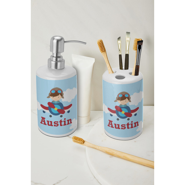 Airplane & Pilot Ceramic Bathroom Accessories - LIFESTYLE (toothbrush holder & soap dispenser)