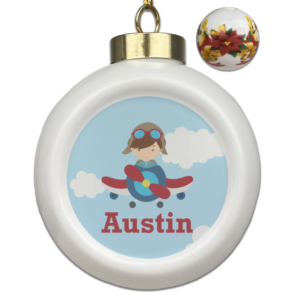 Custom Airplane & Pilot Ceramic Ball Ornaments - Poinsettia Garland (Personalized)