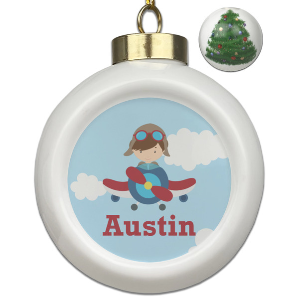 Custom Airplane & Pilot Ceramic Ball Ornament - Christmas Tree (Personalized)