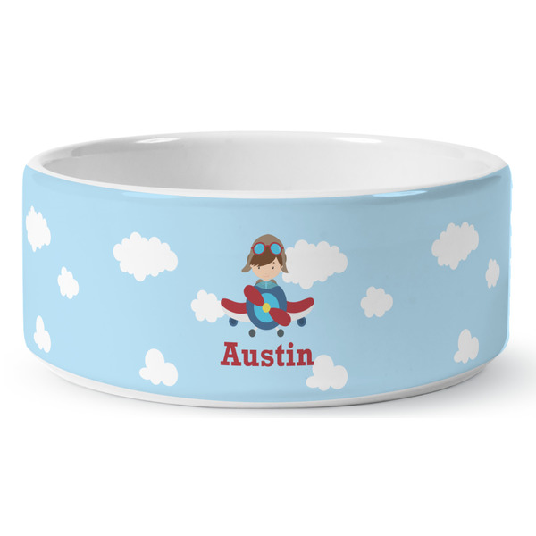 Airplane & Pilot Ceramic Dog Bowl - Medium - Front