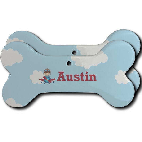Custom Airplane & Pilot Ceramic Dog Ornament - Front & Back w/ Name or Text