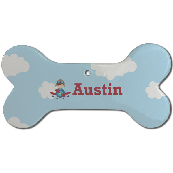 Custom Airplane & Pilot Ceramic Dog Ornament - Front w/ Name or Text