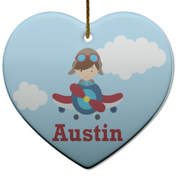 Airplane & Pilot Heart Ceramic Ornament w/ Name or Text