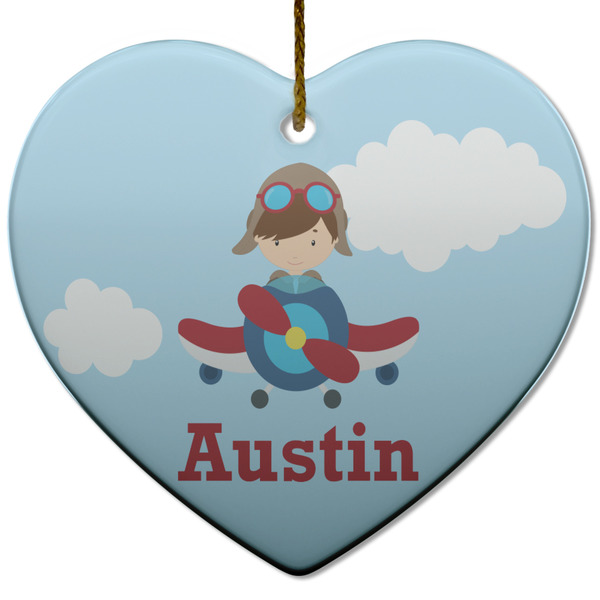 Custom Airplane & Pilot Heart Ceramic Ornament w/ Name or Text
