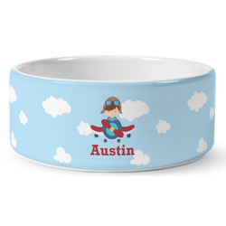 Airplane & Pilot Ceramic Dog Bowl - Large (Personalized)
