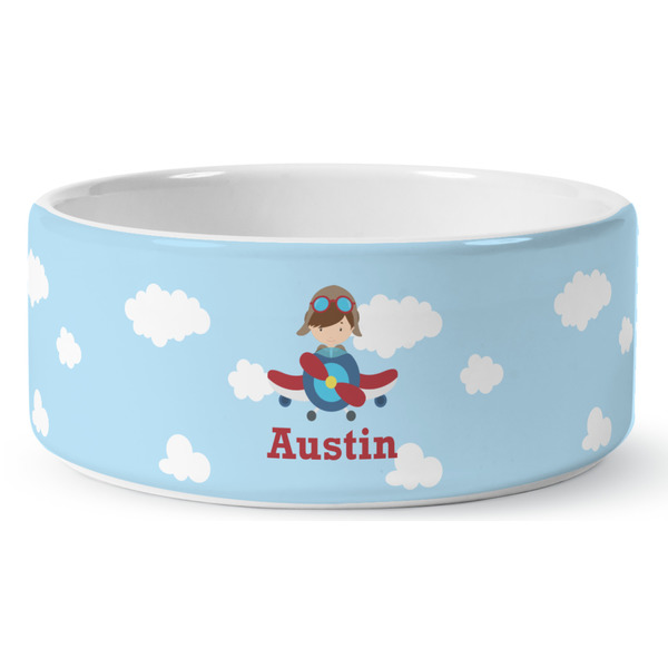 Custom Airplane & Pilot Ceramic Dog Bowl - Large (Personalized)