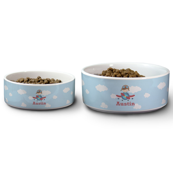 Airplane & Pilot Ceramic Dog Bowls - Size Comparison