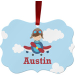 Airplane & Pilot Metal Frame Ornament - Double Sided w/ Name or Text