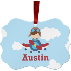 Airplane & Pilot Metal Frame Ornament - Double Sided w/ Name or Text