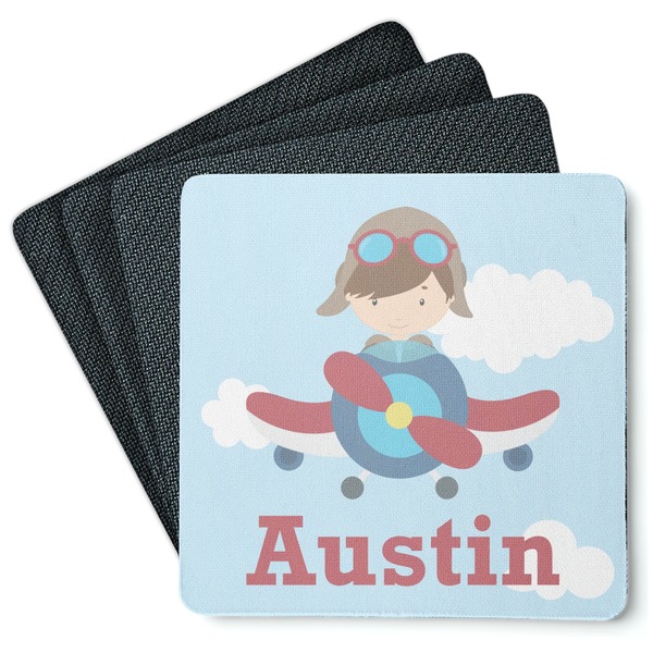 Custom Airplane & Pilot Square Rubber Backed Coasters - Set of 4 (Personalized)