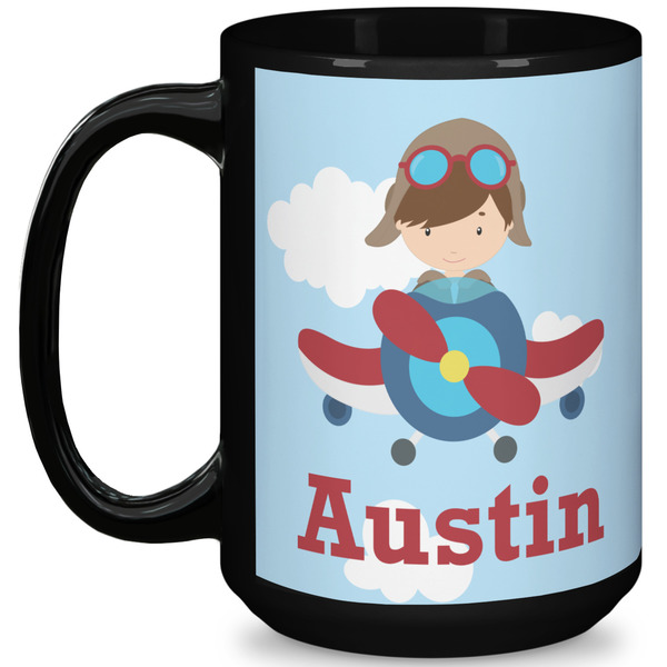 Custom Airplane & Pilot 15 Oz Coffee Mug - Black (Personalized)