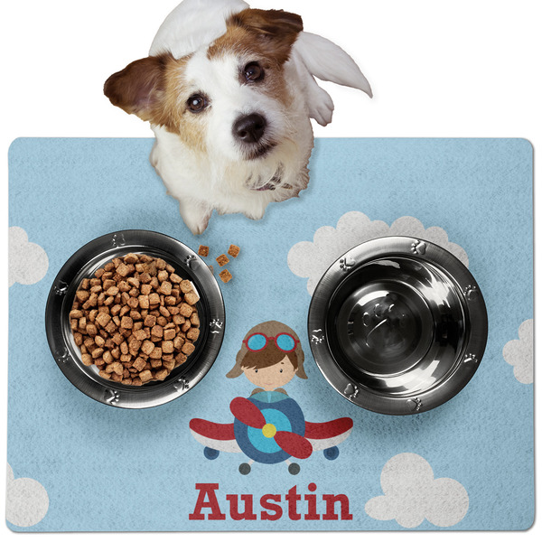 Custom Airplane & Pilot Dog Food Mat - Medium w/ Name or Text