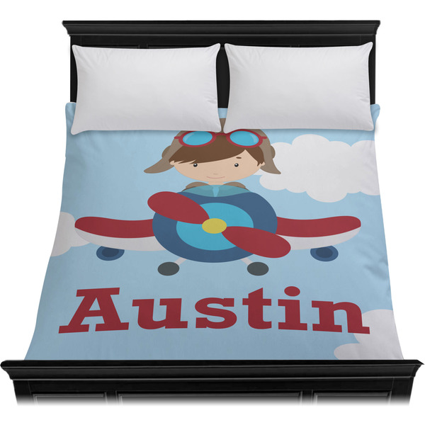 Airplane & Pilot Duvet Cover - Queen - On Bed - No Prop