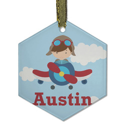 Airplane & Pilot Flat Glass Ornament - Hexagon w/ Name or Text