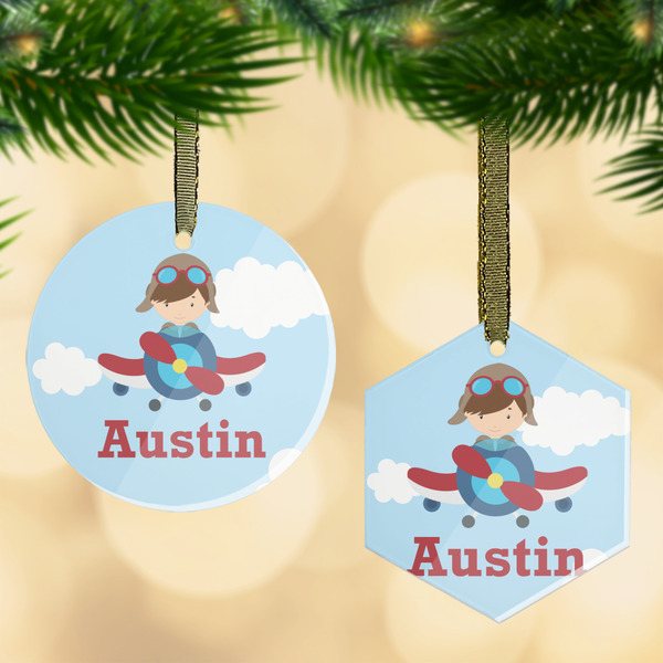 Custom Airplane & Pilot Flat Glass Ornament w/ Name or Text