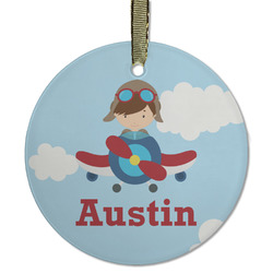 Airplane & Pilot Flat Glass Ornament - Round w/ Name or Text