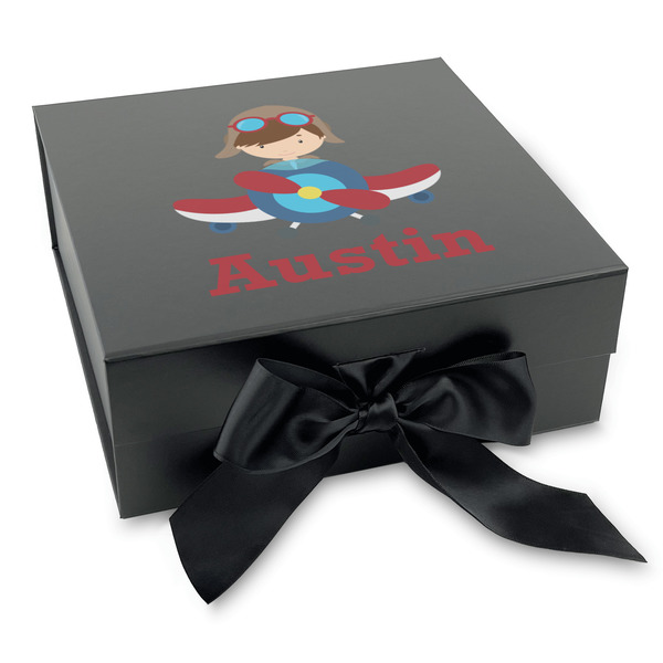 Custom Airplane & Pilot Gift Box with Magnetic Lid - Black (Personalized)