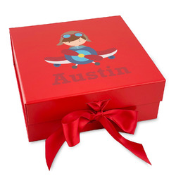 Airplane & Pilot Gift Box with Magnetic Lid - Red (Personalized)