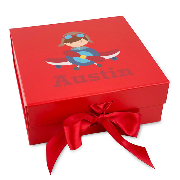 Custom Airplane & Pilot Gift Box with Magnetic Lid - Red (Personalized)