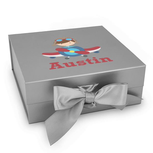 Custom Airplane & Pilot Gift Box with Magnetic Lid - Silver (Personalized)