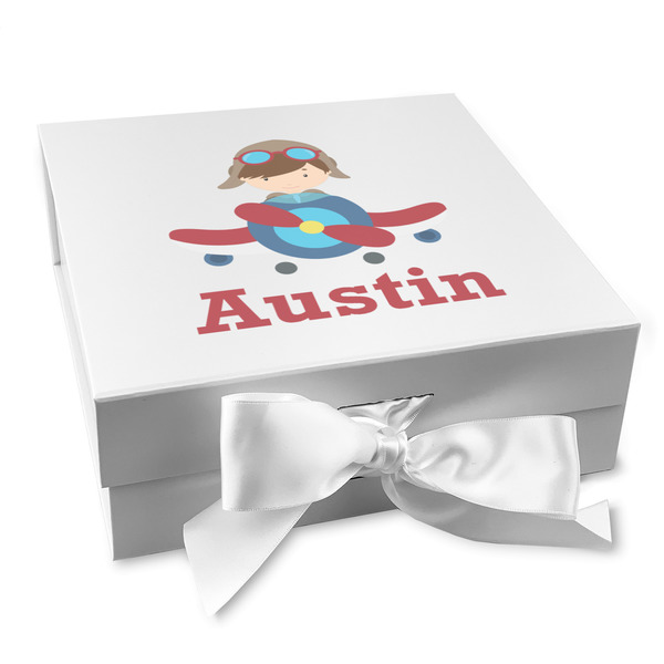 Custom Airplane & Pilot Gift Box with Magnetic Lid - White (Personalized)