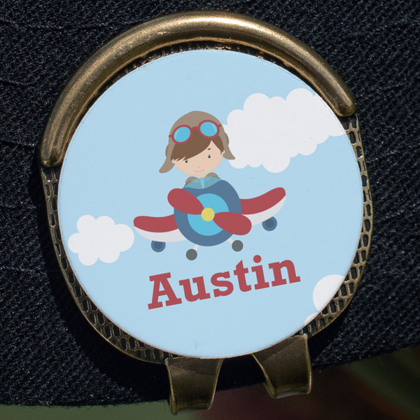 Airplane & Pilot Golf Ball Marker Hat Clip - Gold - Close Up