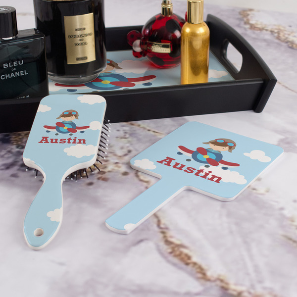 Airplane & Pilot Hair Brush and Hand Mirror - Bathroom Scene