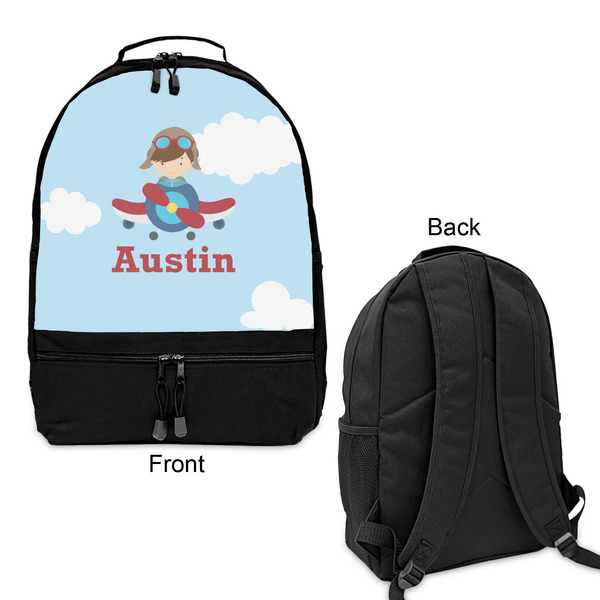 Airplane & Pilot Large Backpack - Black - Front & Back View