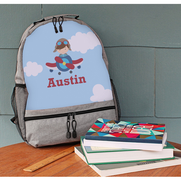 Airplane & Pilot Large Backpack - Gray - On Desk