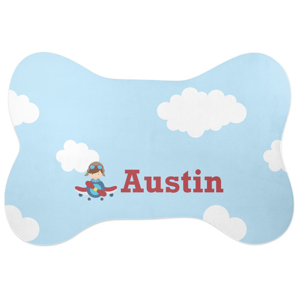 Custom Airplane & Pilot Bone Shaped Dog Food Mat (Large) (Personalized)