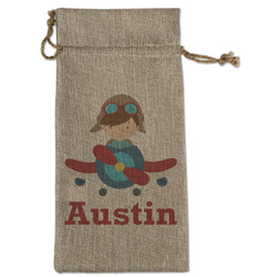 Airplane & Pilot Large Burlap Gift Bag - Front (Personalized)