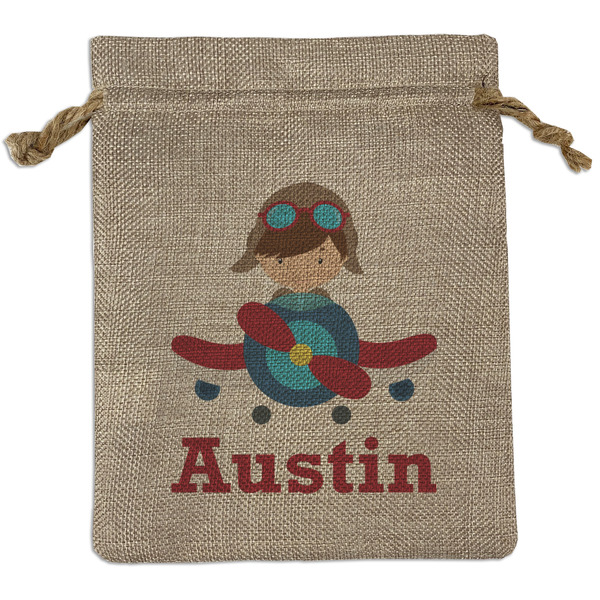 Custom Airplane & Pilot Medium Burlap Gift Bag - Front (Personalized)