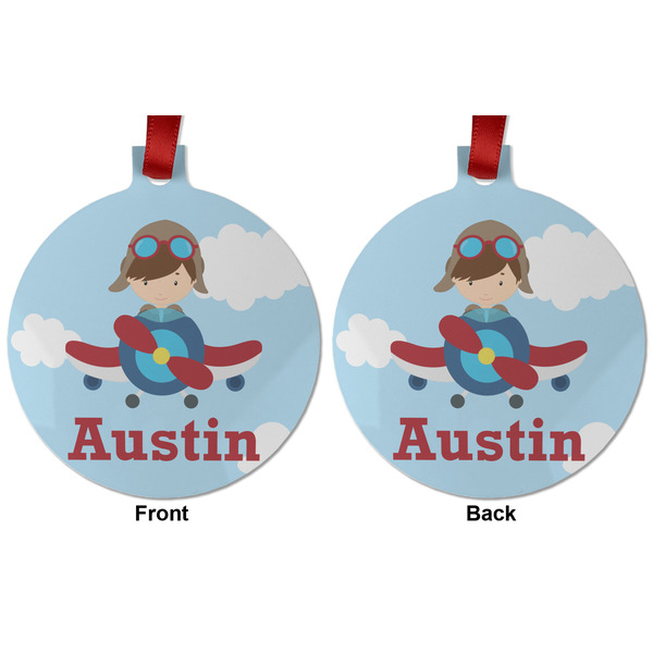 Airplane & Pilot Metal Ball Ornament - Front and Back