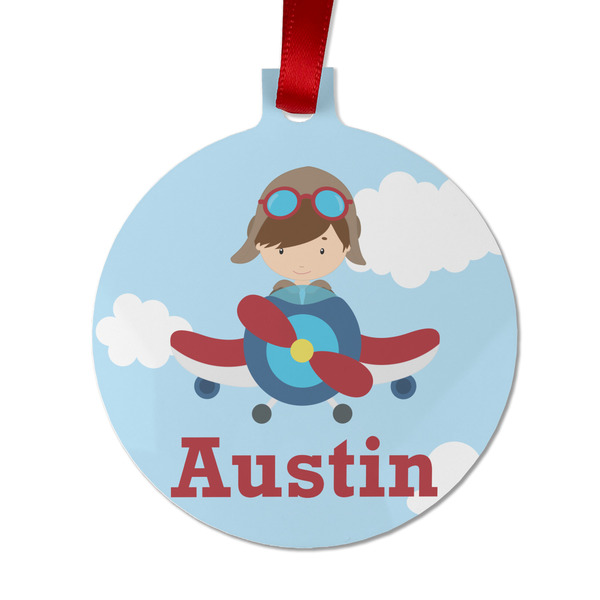 Custom Airplane & Pilot Metal Ball Ornament - Double Sided w/ Name or Text