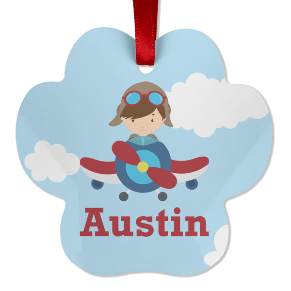 Custom Airplane & Pilot Metal Paw Ornament - Double Sided w/ Name or Text